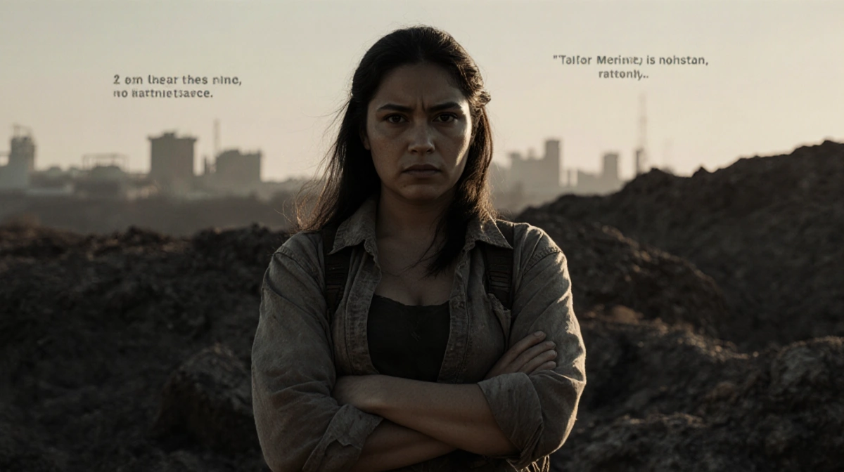 Paulina Chávez stands with crossed arms and determined expression against rugged landscape with cityscape visible in distance