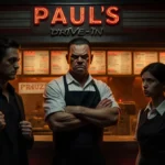 Restaurant owner stands behind counter with crossed arms and stern expression as customer and employee face off in dimly lit