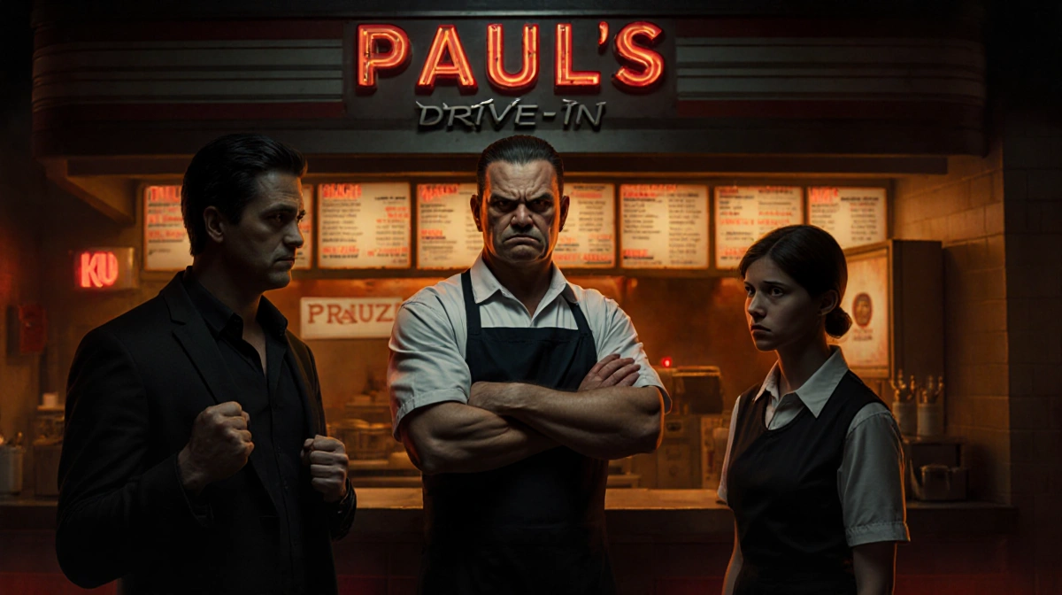 Restaurant owner stands behind counter with crossed arms and stern expression as customer and employee face off in dimly lit