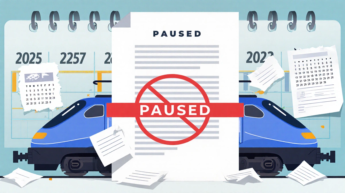Paused train halting over a large tariff contract with a red pause symbol and torn paper hints and a blurred 2025 timeline