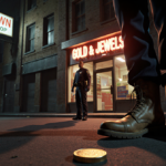 Police officer guards a pawn shop with a neon sign Gold & Jewels at night, a gold coin and boots on the pavement.