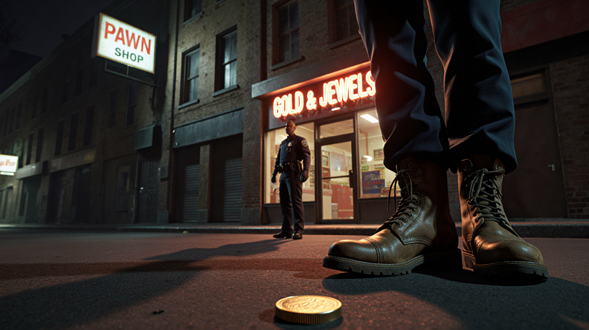 Police officer guards a pawn shop with a neon sign Gold & Jewels at night, a gold coin and boots on the pavement.