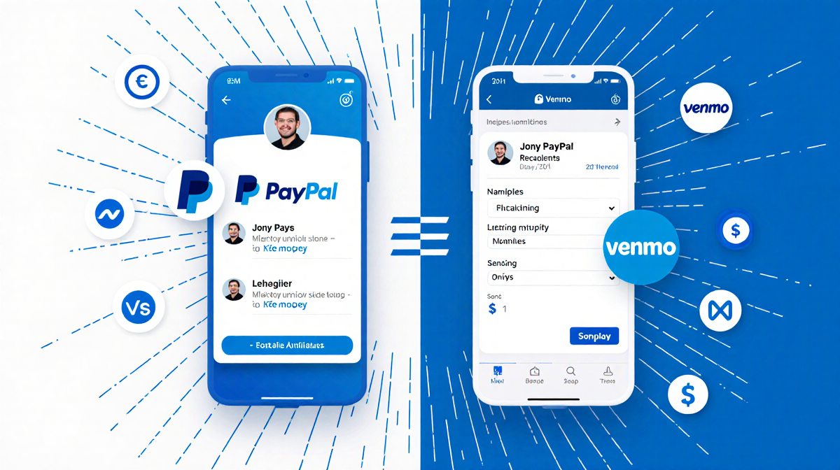 Mobile split-screen interface transfers money with PayPal and Venmo profiles highlighted in blue