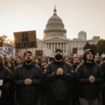 Peaceful protesters stand united with rain gear and protest signs forming human chain in front of city hall