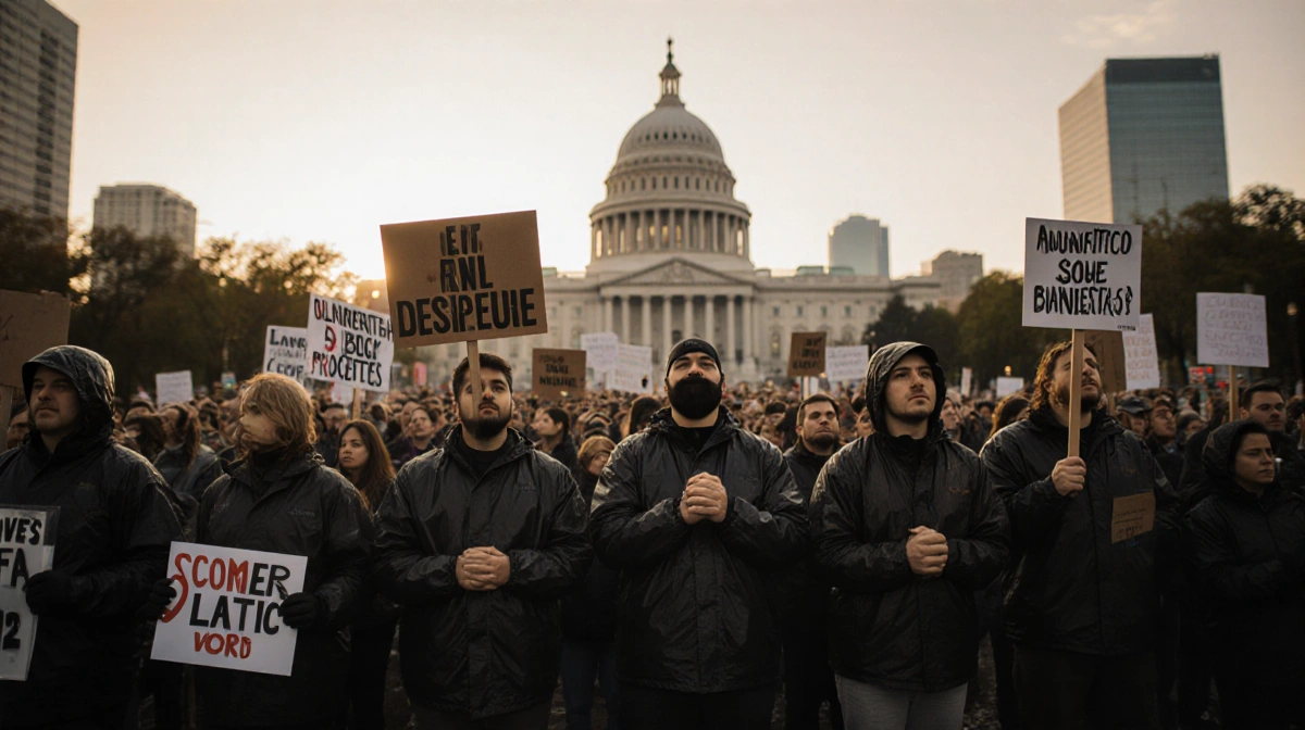 Peaceful protesters stand united with rain gear and protest signs forming human chain in front of city hall