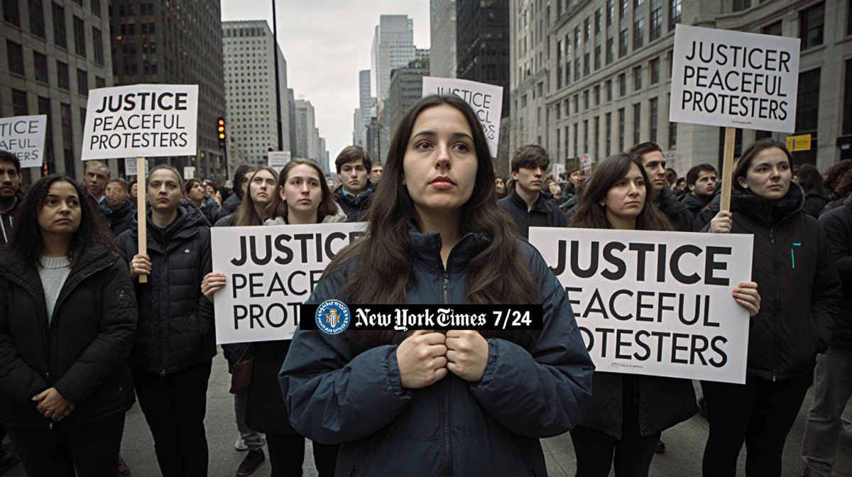 Person standing among protesters with hands visible and signs reading Justice for Peaceful Protesters in Minneapolis