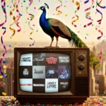Peacock perched on vintage TV watching colorful show titles with golden lighting and cityscape behind