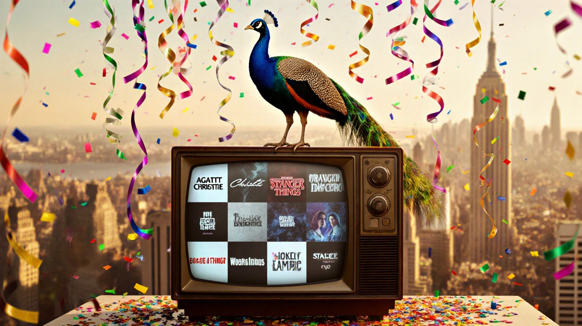 Peacock perched on vintage TV watching colorful show titles with golden lighting and cityscape behind