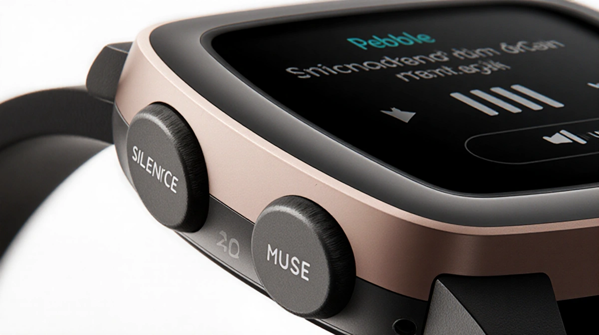 Pebble Round 2 smartwatch shows buttons pressed to silence a call and play music with microphones visible