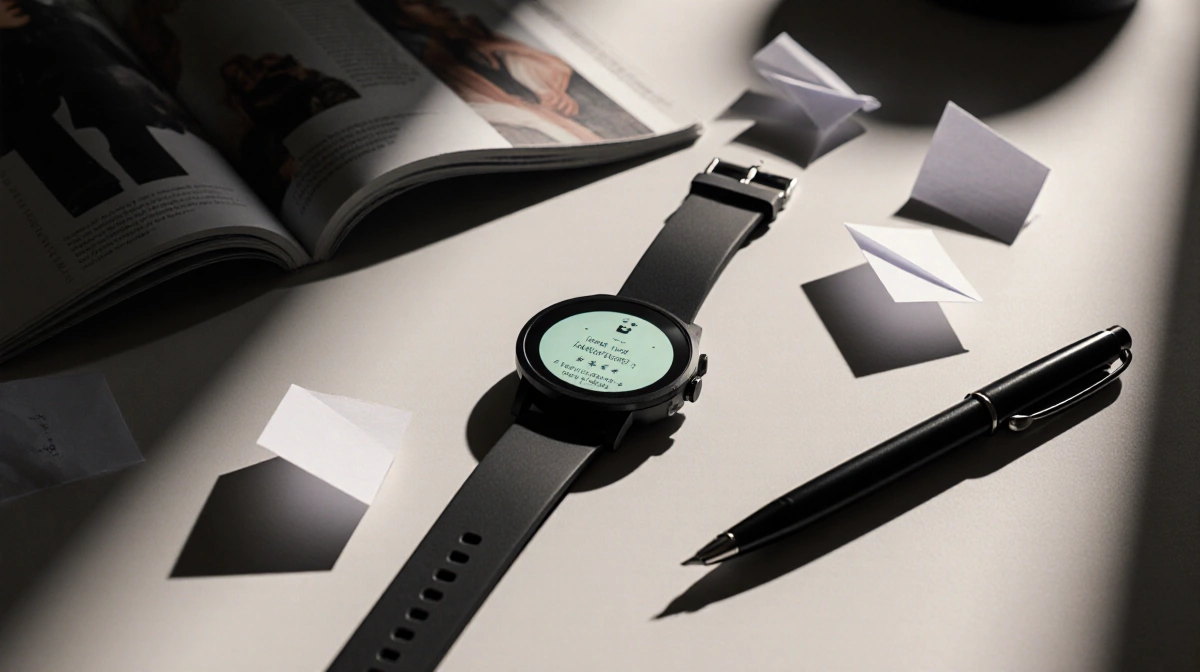 Wristwatch resting on minimalist desk with glowing e-paper display and scattered fashion magazines and a pen
