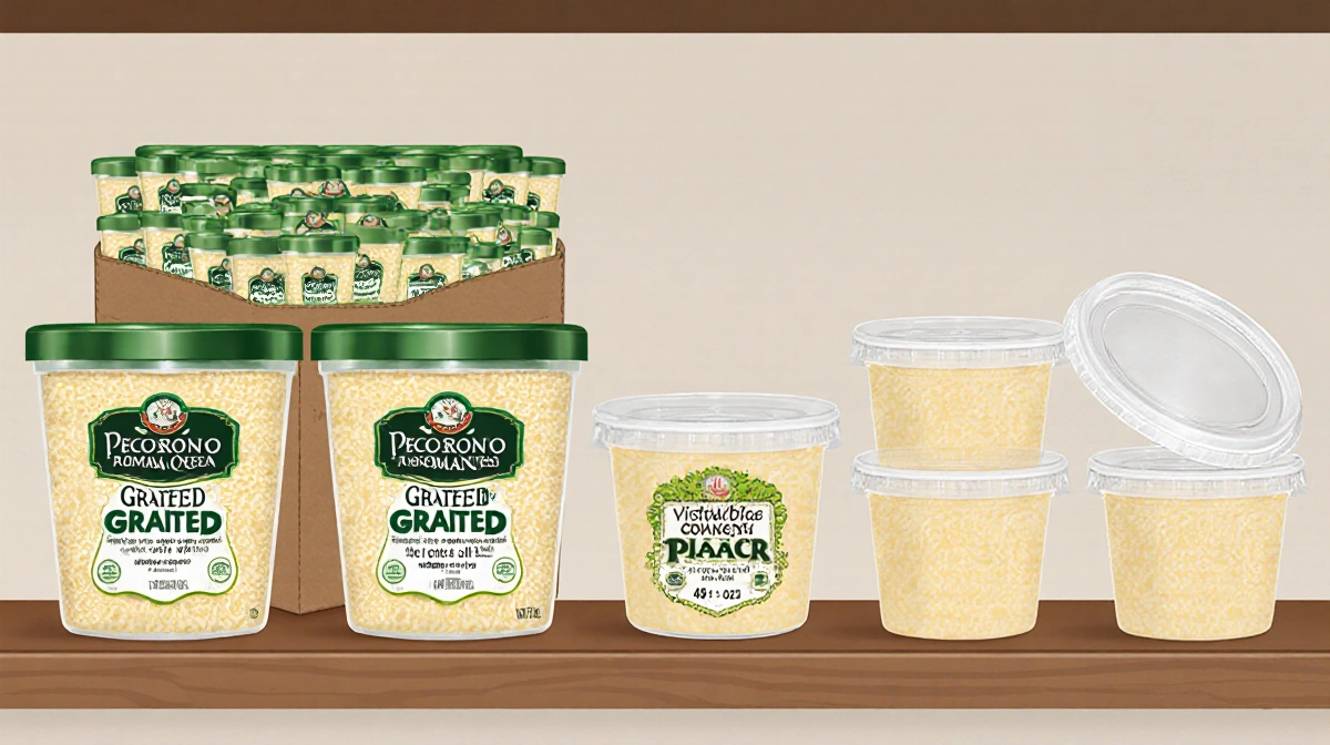 Shelf of grated Pecorino Romano cheese containers with plastic cups and bold recall labels showing lot numbers