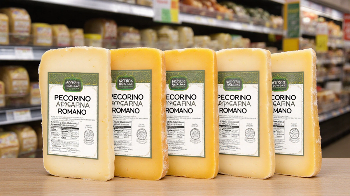 Five Pecorino Romano cheese blocks with different white and yellow shades sit on a shelf with grocery store background showin