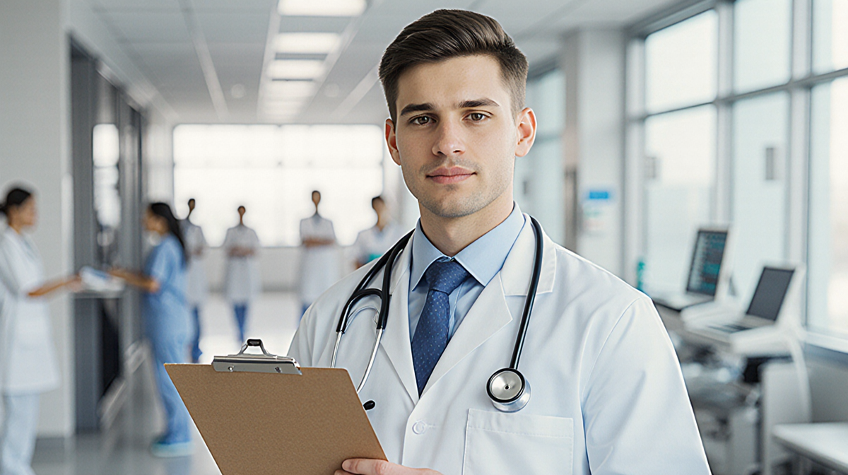 Pediatrician holds clipboard with chart in front of a hospital backdrop stethoscope around neck and blurred equipment