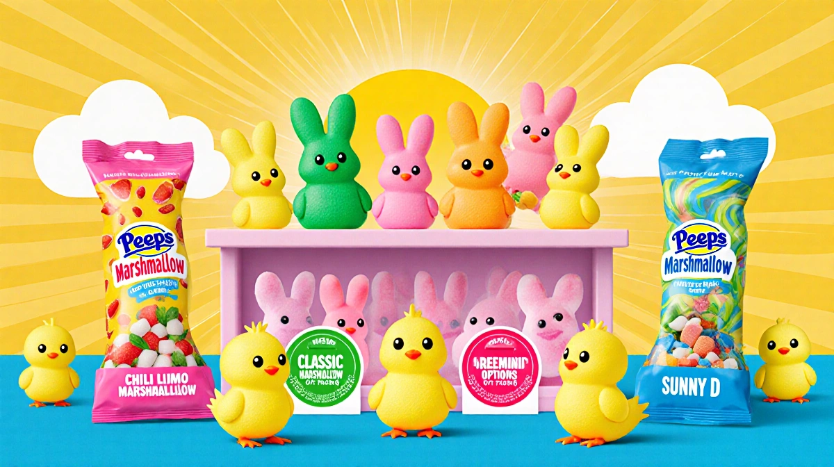 Colorful Peeps marshmallow chicks and bunnies line bright candy store shelves with new 2026 flavor labels showing Chili Lime 