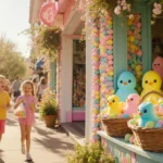 Happy children buying colorful marshmallow Peeps at whimsical spring storefront with flowers and golden sunlight