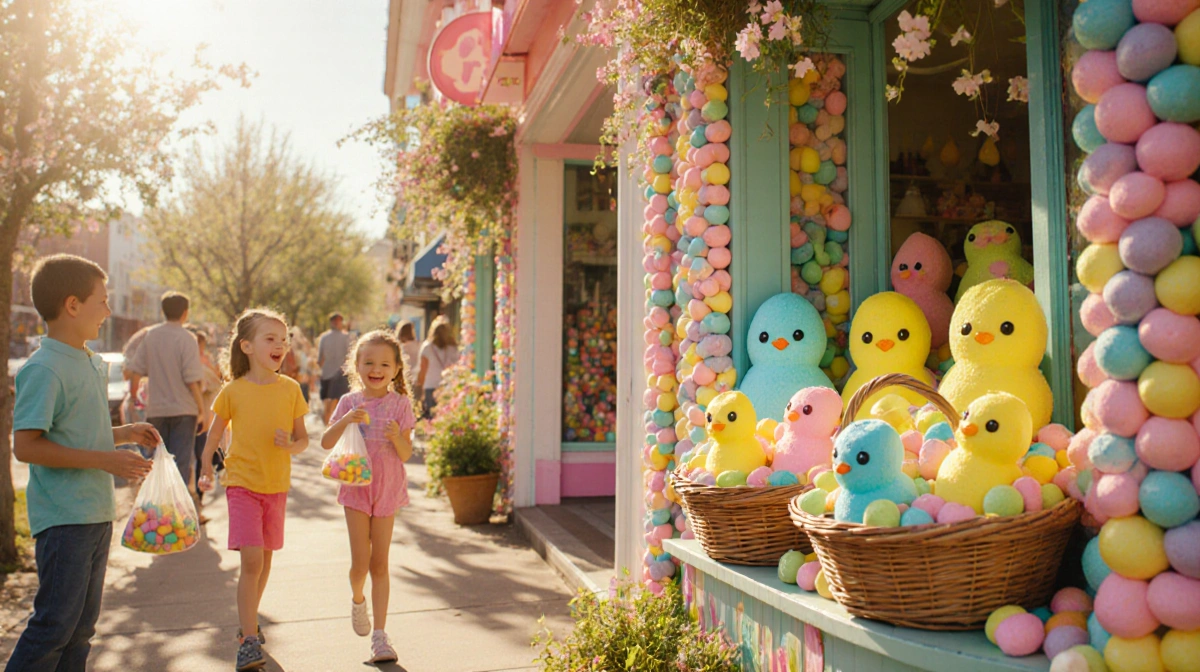 Happy children buying colorful marshmallow Peeps at whimsical spring storefront with flowers and golden sunlight