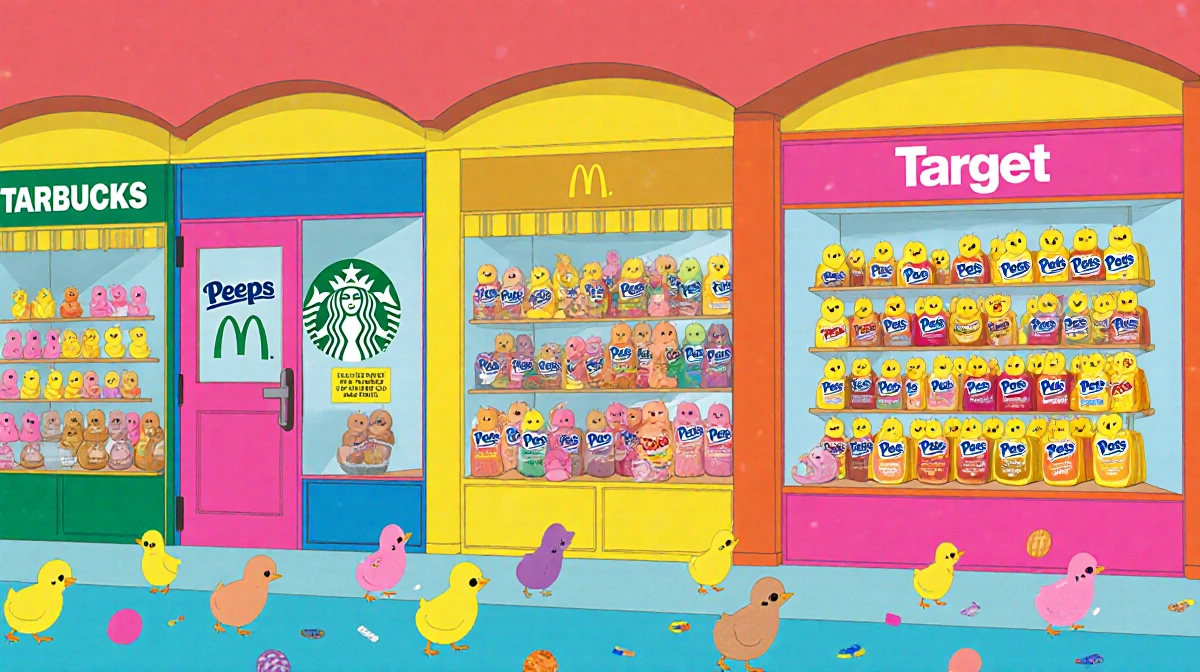 Colorful storefront shows Peeps marshmallow chicks inside with treasure hunt clues and chain logos on doors