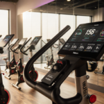 Peloton bike displays workout metrics with mirrored walls reflecting an energetic studio atmosphere