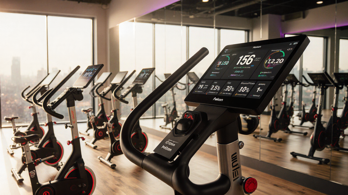 Peloton bike displays workout metrics with mirrored walls reflecting an energetic studio atmosphere
