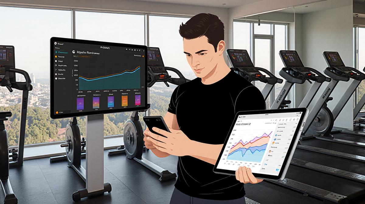 Peloton IQ projecting workout plan on tablet with data graphs in a minimalist home gym.