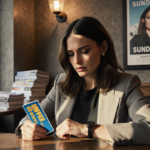 Penélope Cruz sits at a coffee shop table holding her Sundance pass with a distracted look near a blurred movie poster.