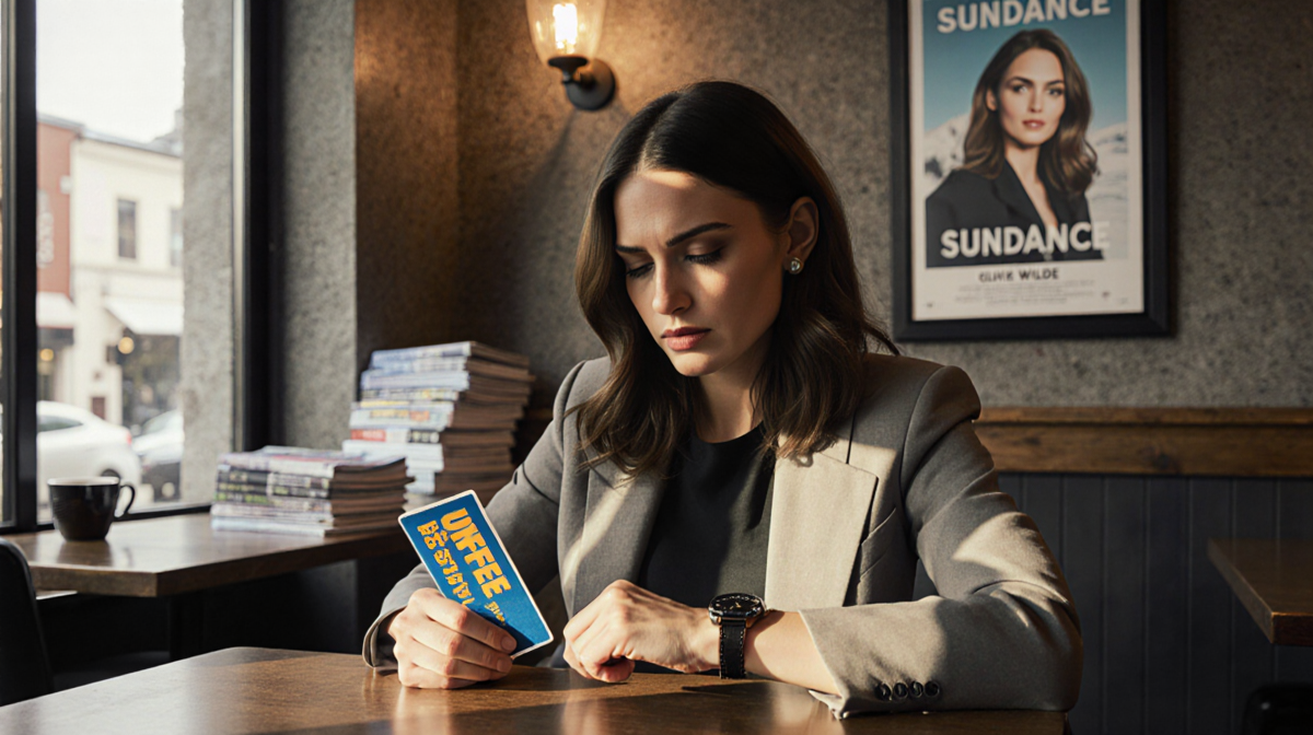 Penélope Cruz sits at a coffee shop table holding her Sundance pass with a distracted look near a blurred movie poster.