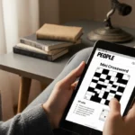 Person solving crossword on smartphone with tablet nearby and warm light streaming through window