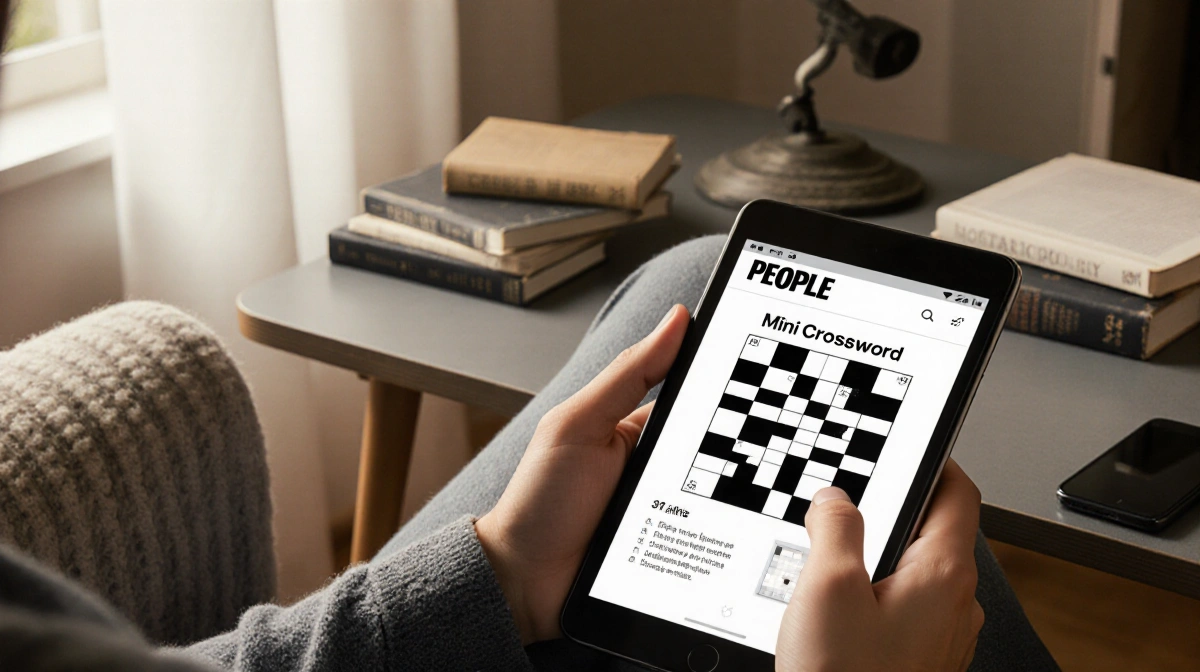 Person solving crossword on smartphone with tablet nearby and warm light streaming through window