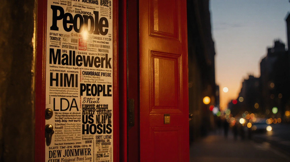 PEOPLE magazine red door glows with bold headlines spilling onto doorstep and blurred cityscape behind
