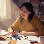 Smiling person solving crossword puzzle with scattered papers and coffee cup in warm morning light
