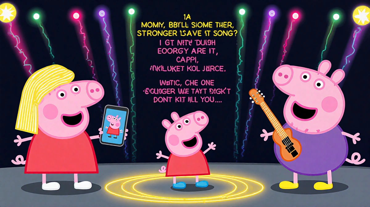 Peppa Pig singing karaoke with her family dancing and colorful lyric video graphics showing song title