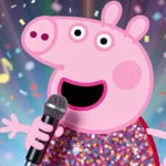 Peppa Pig singing into microphone with sparkly outfit and colorful confetti swirling around her