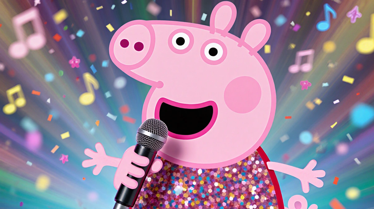 Peppa Pig singing into microphone with sparkly outfit and colorful confetti swirling around her