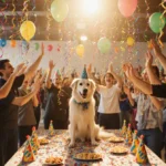 Percy the dog celebrates adoption with volunteers at festive party table with balloons and streamers