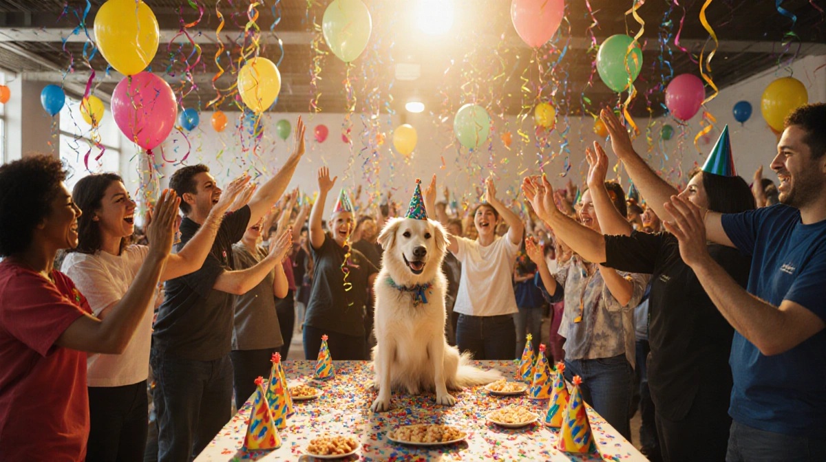 Percy the dog celebrates adoption with volunteers at festive party table with balloons and streamers