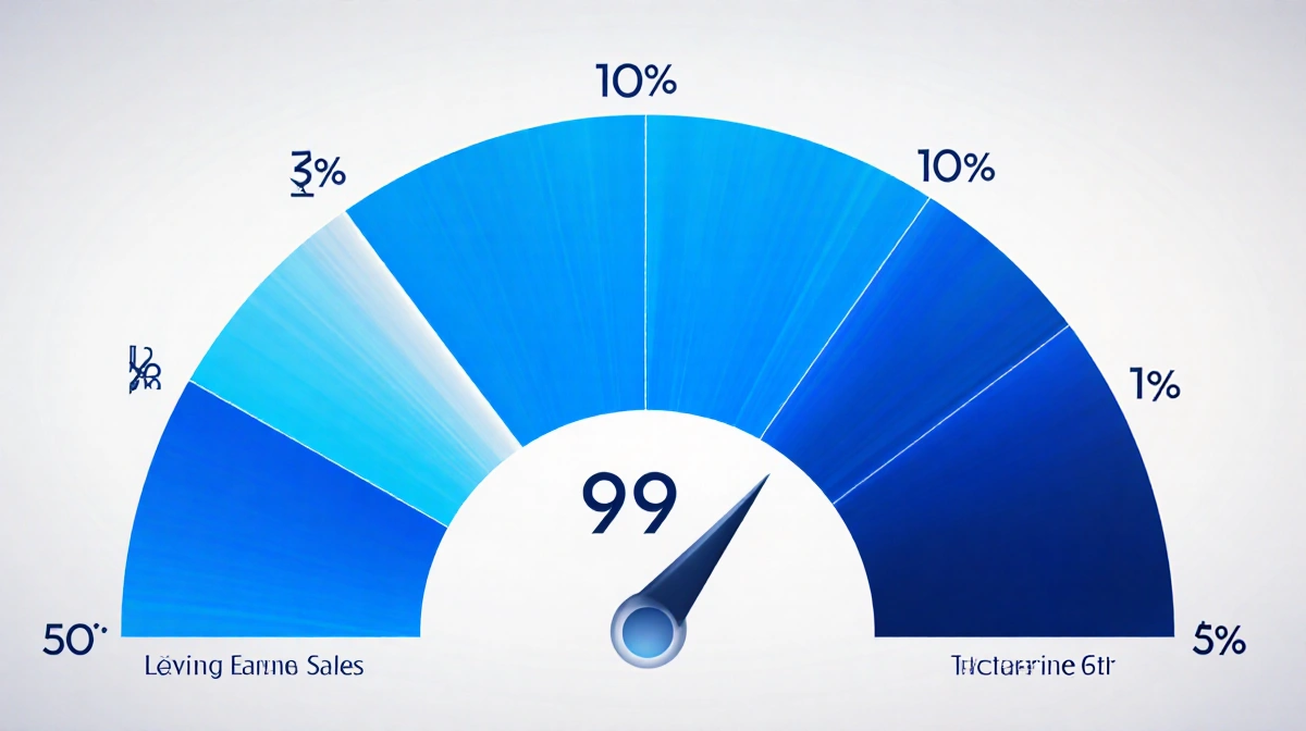 Abstract gauge showing 99 percent with bright blue section and silver tip representing perfect score