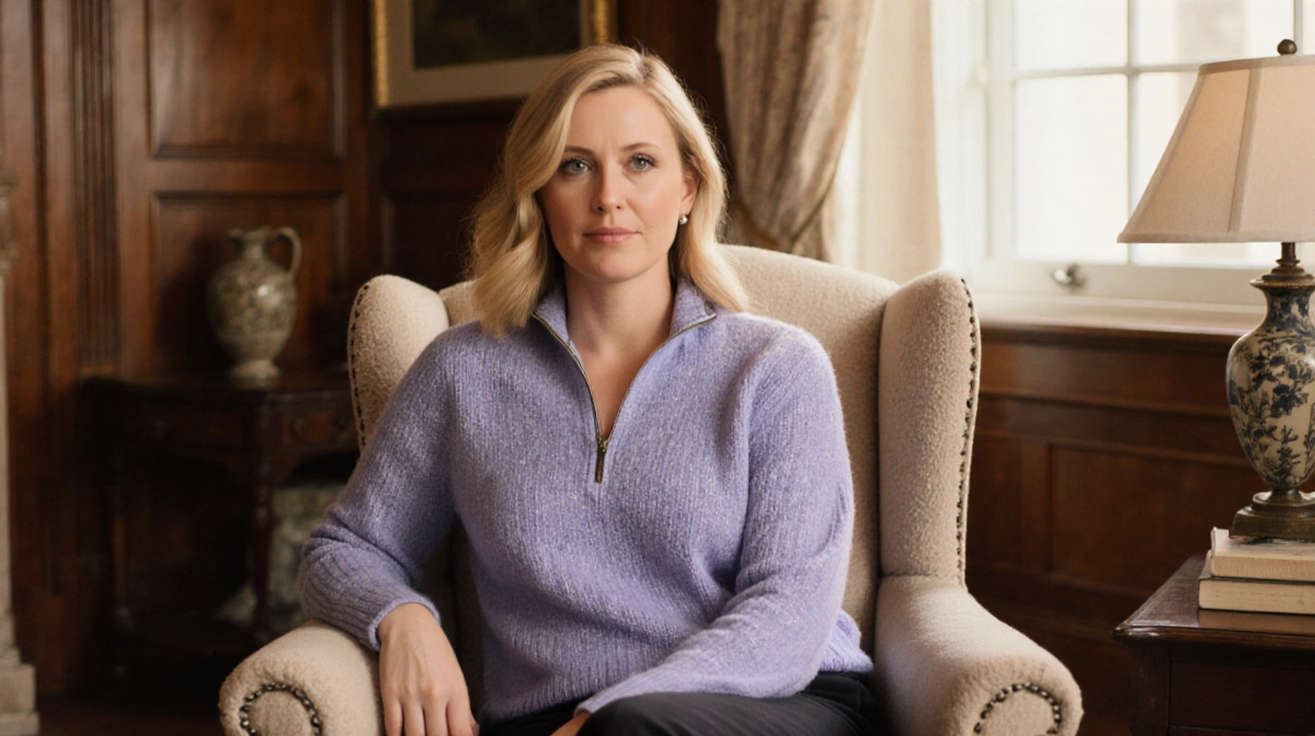 Woman relaxes in plush armchair with periwinkle quarter-zip sweater and natural light from window