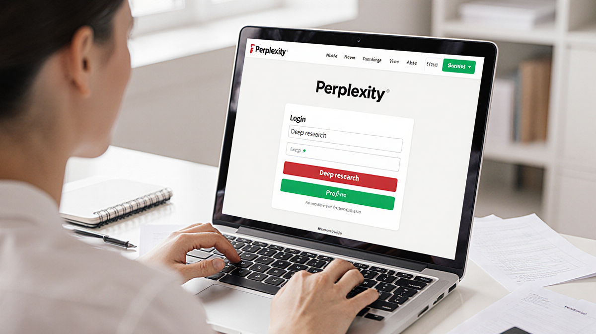 Laptop screen shows Perplexity login with Deep research tab highlighted and a notebook nearby