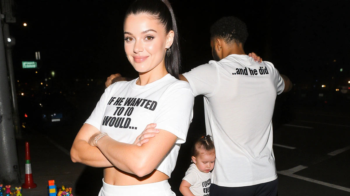 Perrie Edwards poses with her baby bump in a white statement tee with Alex Oxlade-Chamberlain hugging her and their baby near