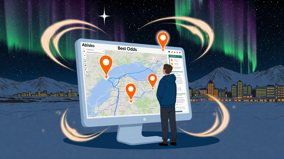 Person standing before a glowing map screen with highlighted markers and swirling aurora over Abisko night sky