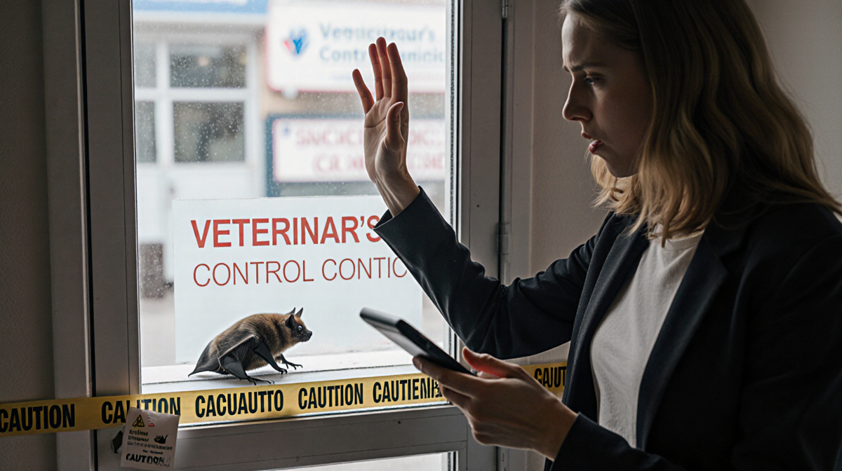 Person raising hand in alarm with phone in other hand door bat on windowsill and veterinary clinic caution tape around room