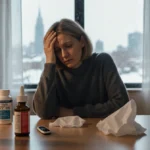 Concerned adult sitting at kitchen table with flu medication bottles and a thermometer while snow falls outside window.