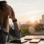 Person sits with hands on forehead and eyes looking upward and laptop and mobile devices illuminated by warm sunset light.