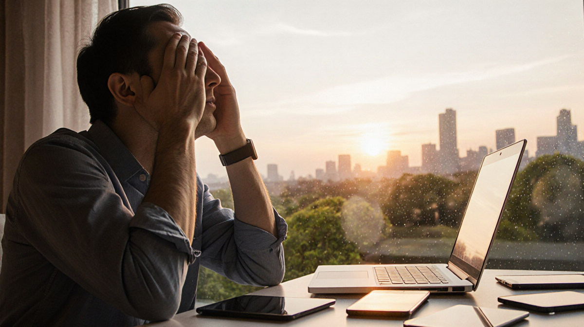 Person sits with hands on forehead and eyes looking upward and laptop and mobile devices illuminated by warm sunset light.
