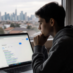 Person sitting at desk with laptop open to search engine homepage and blurred cityscape in window highlighting online privacy