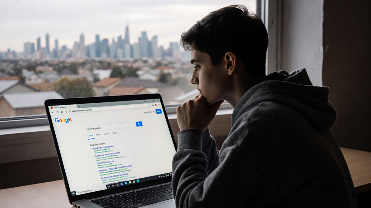 Person sitting at desk with laptop open to search engine homepage and blurred cityscape in window highlighting online privacy