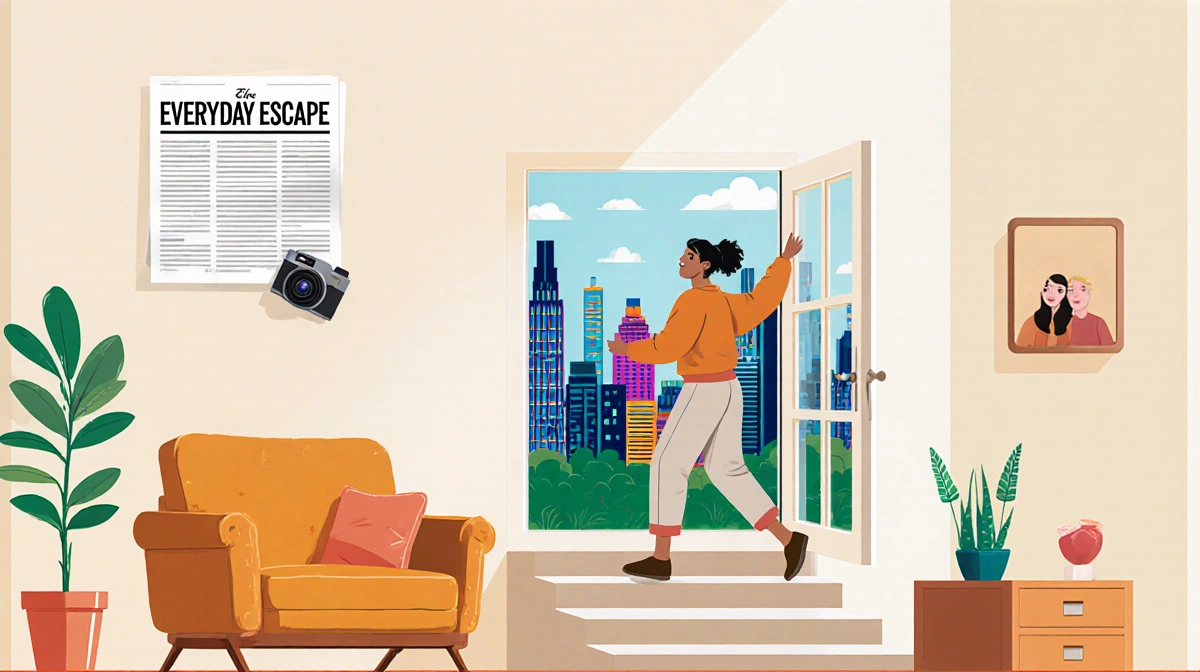 Person stepping out of modern home into vibrant cityscape with newspaper logo and camera hinting at everyday escape