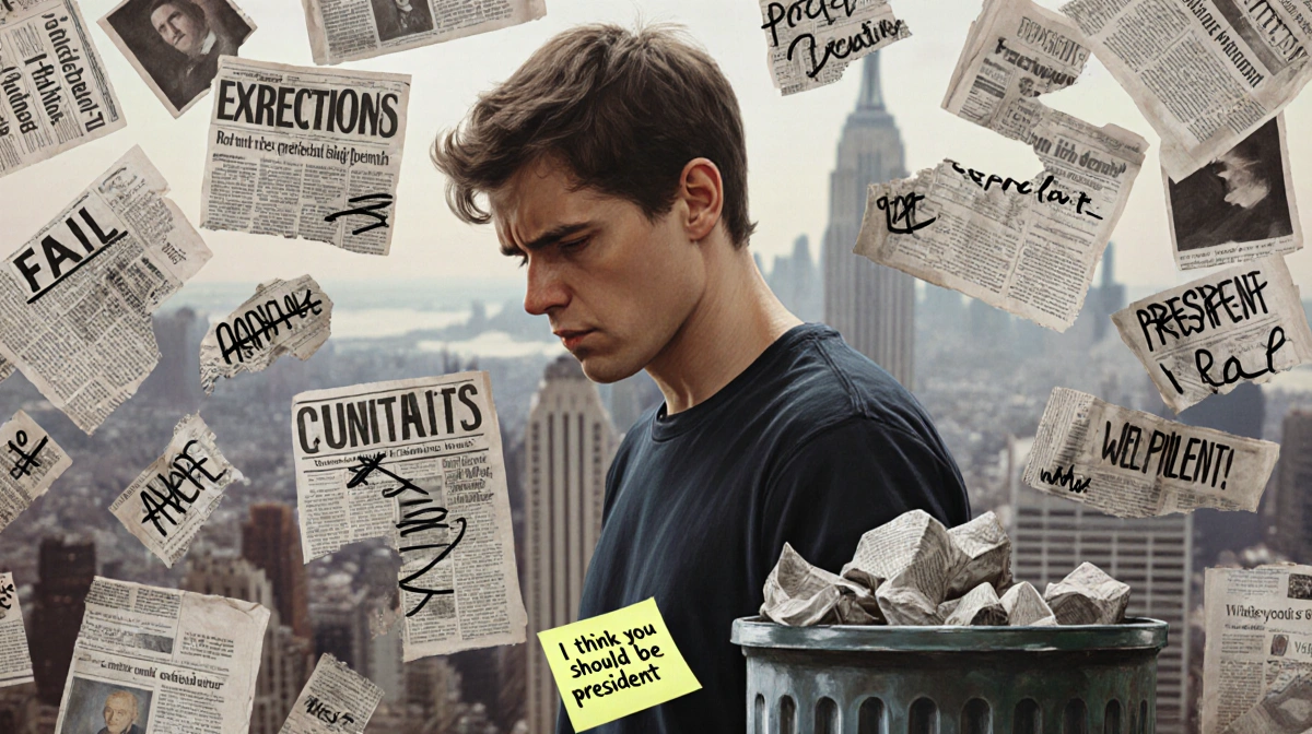 Person crying with shredded newspaper clippings showing fail and desperation and a crumpled post-it near a trash can