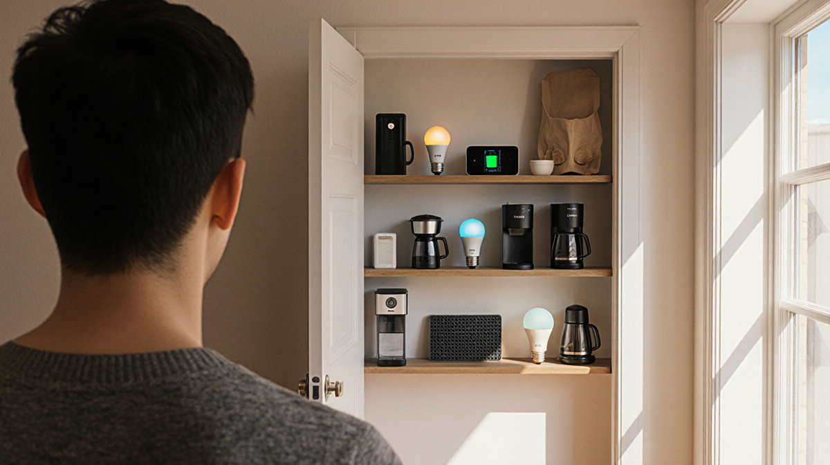 Person standing in front of slightly ajar door with smart lights home upgrade and wireless charging pad on shelf