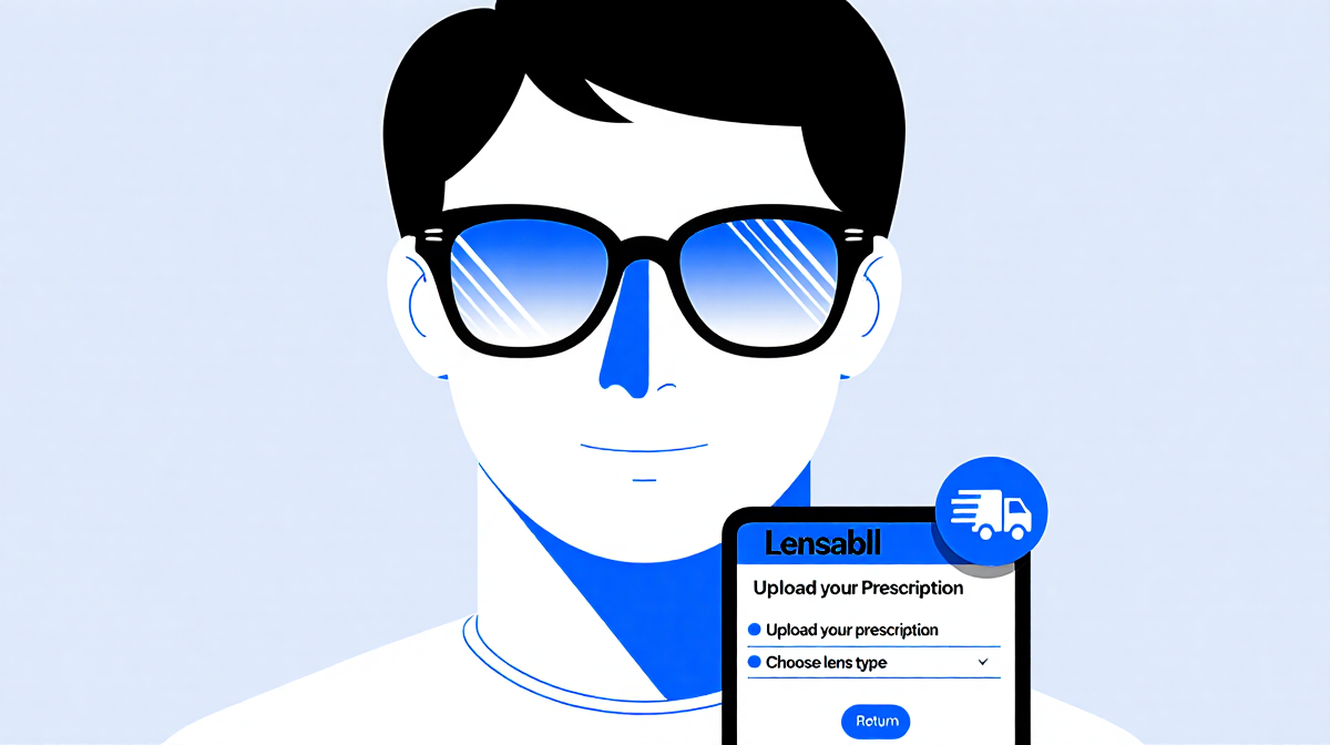 Person wearing prescription glasses holds phone showing Lensabl upload and choose lens type with shipping box in corner